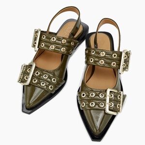 GANNI Buckle Ballerina Flats Slingbacks Sandals Military Olive BRAND NEW w/ Box